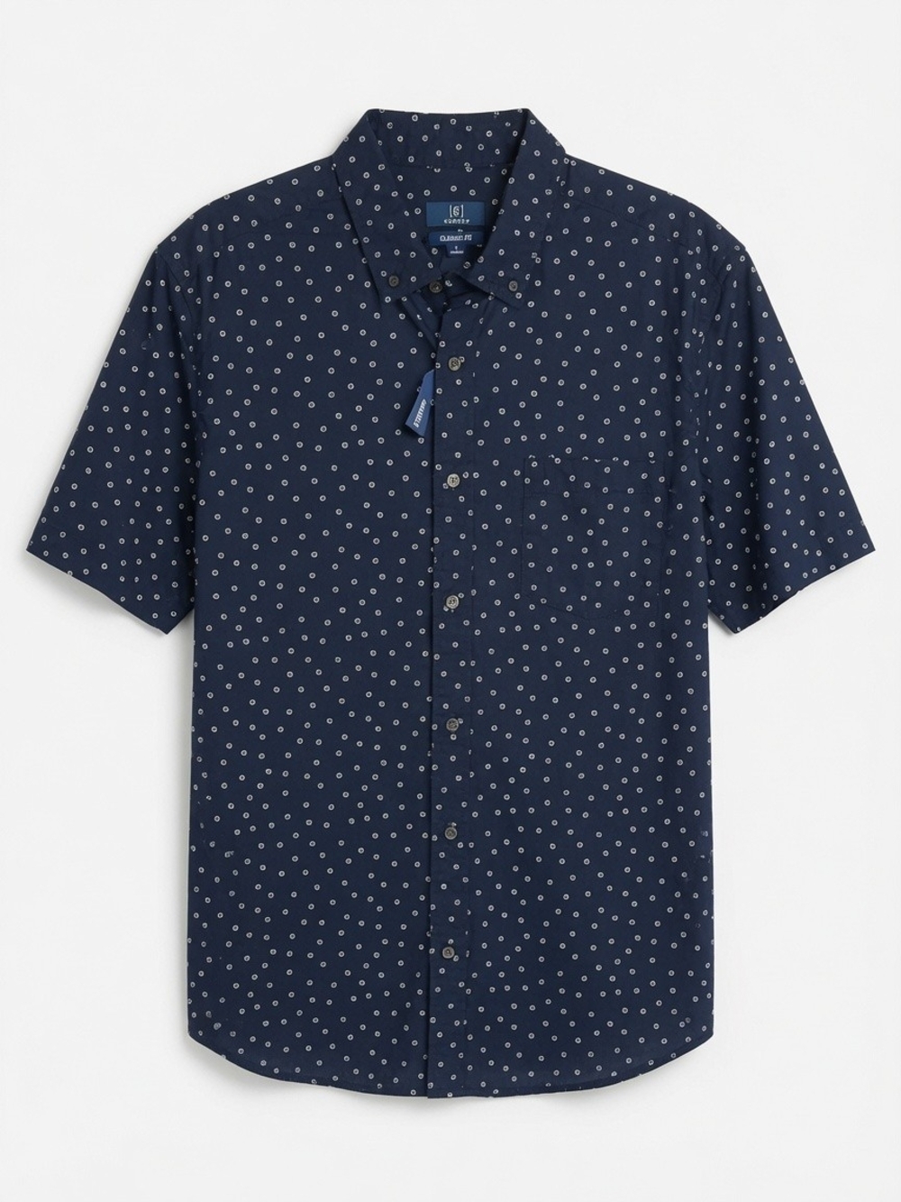 Size S Navy Short-Sleeve Button-Down with Geometric Print